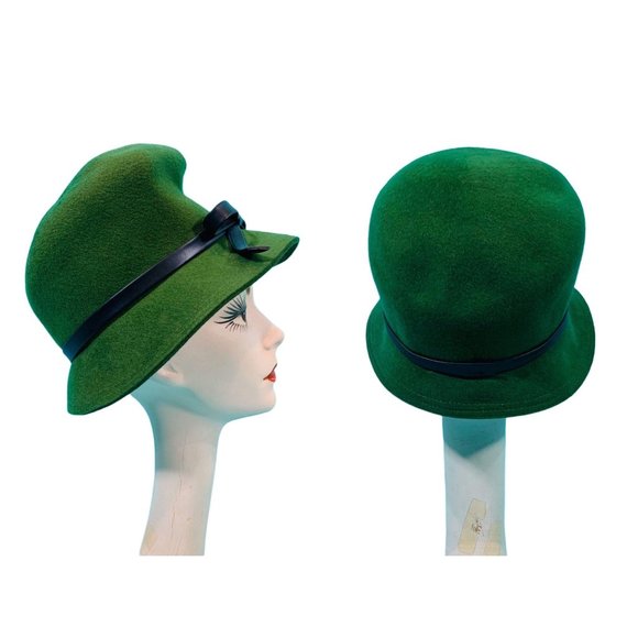 Vintage 1960s Green Hat Tall Mod Wool Bowler Hat